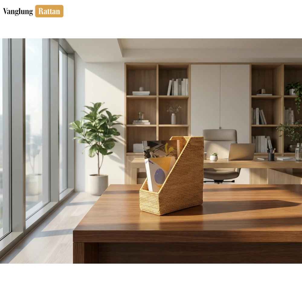 Rattan Export Handcrafted Slanted Rattan Desk Organizer - Sustainable Stationery Storage for Office Use - REX-ST23005