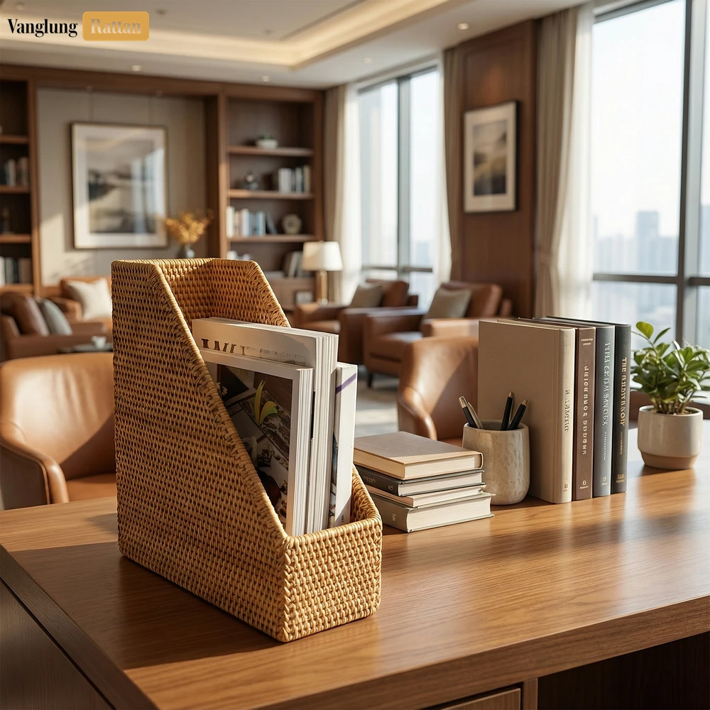 Rattan Export Handcrafted Slanted Rattan Desk Organizer - Sustainable Stationery Storage for Office Use - REX-ST23005