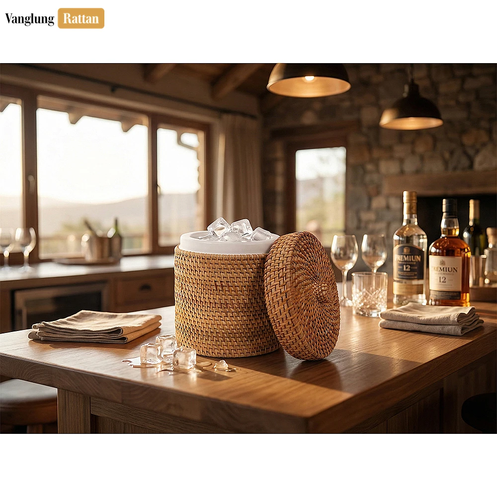 Rattan Export Handcrafted Woven Rattan Ice Pail - Sustainable Drink Service and Party Use Accessory - REX-ICB022005
