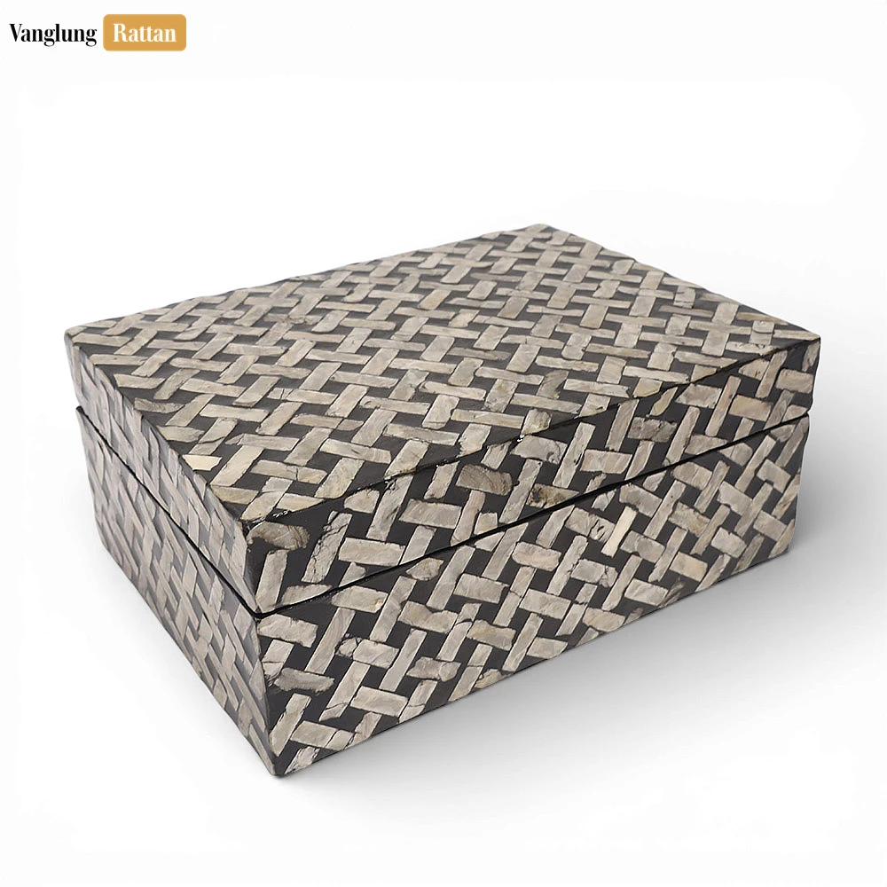 Rattan Export Handcrafted Mosaic Shell Lidded Box - Luxury Mother of Pearl Decor for Vanity and Coffee Table - REX-TWH03009
