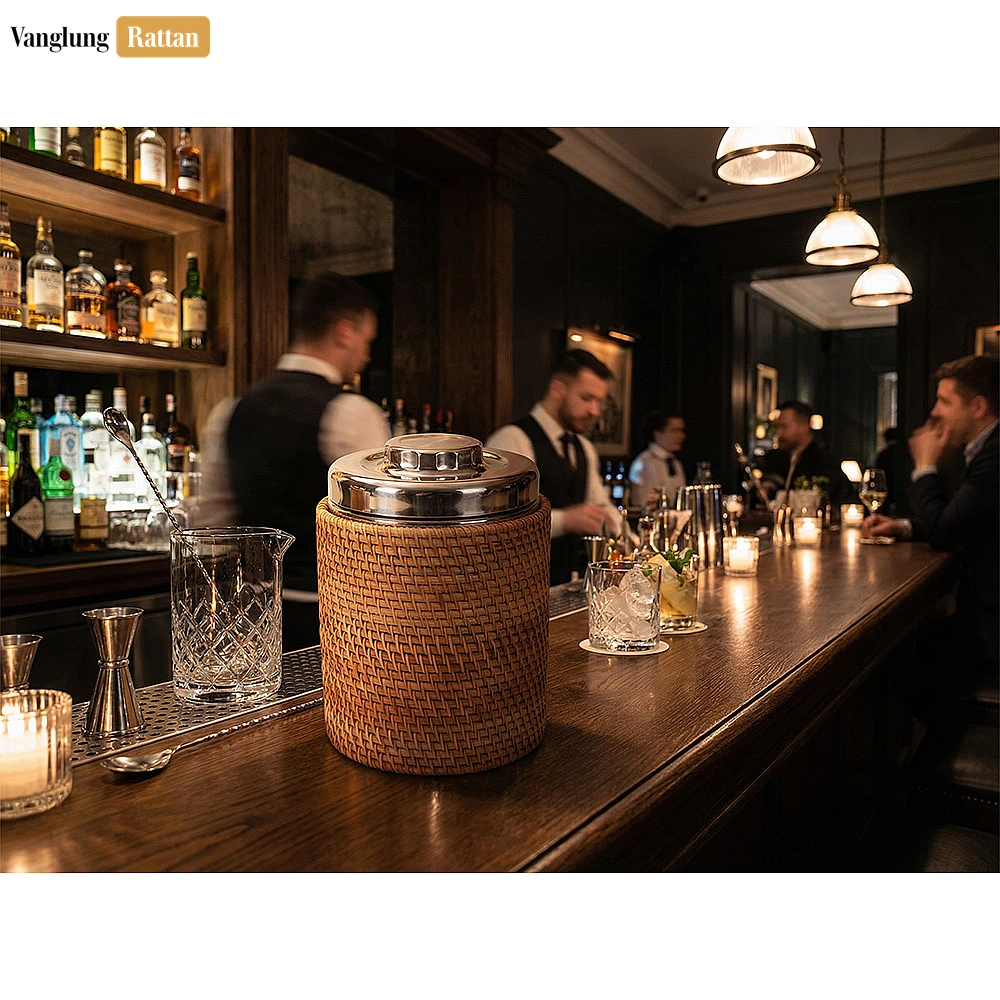 Rattan Export Honey-Tan Straw Weave Ice Bucket - Sustainable Drink Service and Party Use Accessory - REX-ICB012003