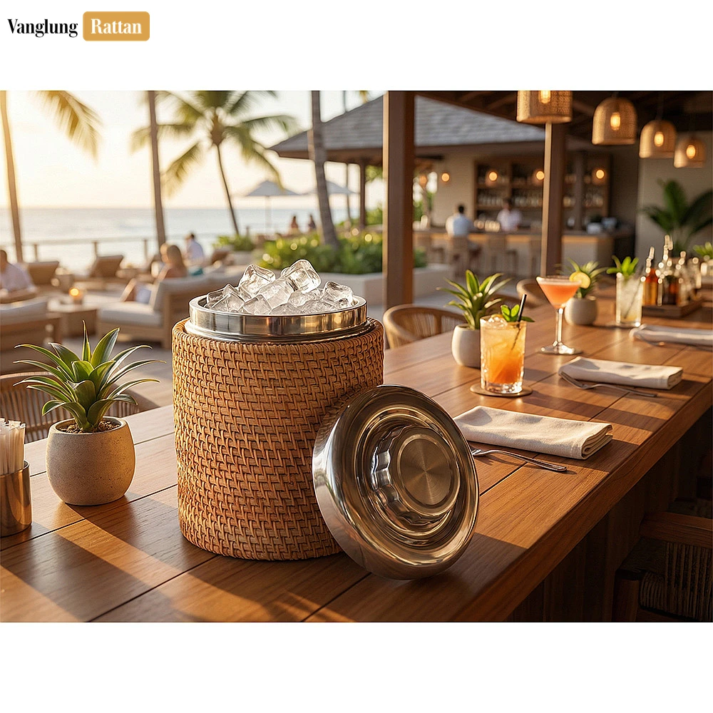 Rattan Export Honey-Tan Straw Weave Ice Bucket - Sustainable Drink Service and Party Use Accessory - REX-ICB012003