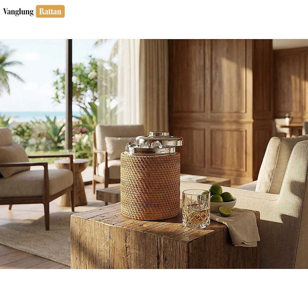 Rattan Export Honey-Tan Straw Weave Ice Bucket - Sustainable Drink Service and Party Use Accessory - REX-ICB012003