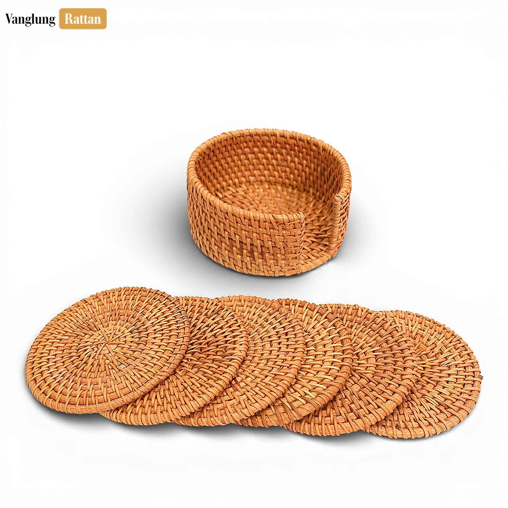 Rattan Export Set of 6 Natural Straw Rattan Coaster with Holder - Woven Tabletop Decor and Drink Protection Use - REX-TW013001