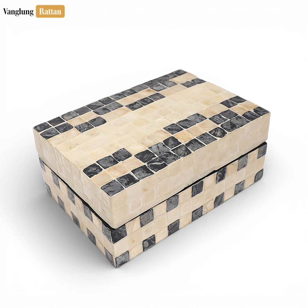 Rattan Export Mother of Pearl Checkerboard Decorative Box - Cream and Charcoal Shell Inlay Keepsake Organizer - REX-TWH03008