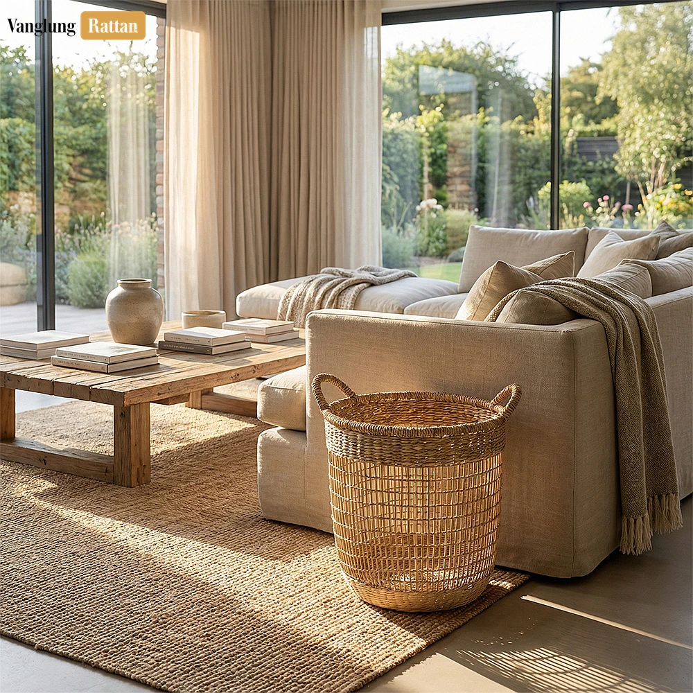 Rattan Export Natural Seagrass Bathroom Basket with Handles - Airy Woven Storage for Towels and Décor - REX-SB071006