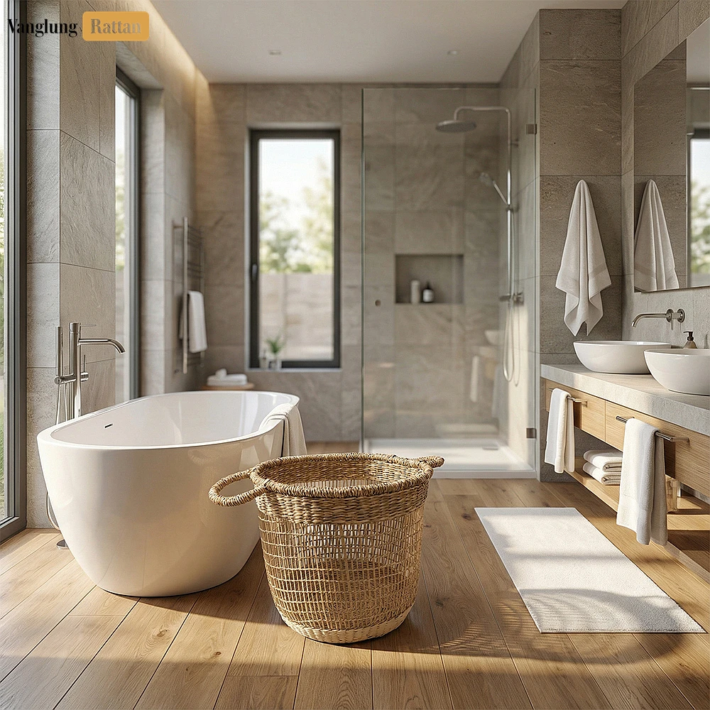Rattan Export Natural Seagrass Bathroom Basket with Handles - Airy Woven Storage for Towels and Décor - REX-SB071006