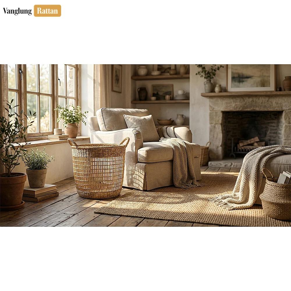 Rattan Export Natural Seagrass Bathroom Basket with Handles - Airy Woven Storage for Towels and Décor - REX-SB071006