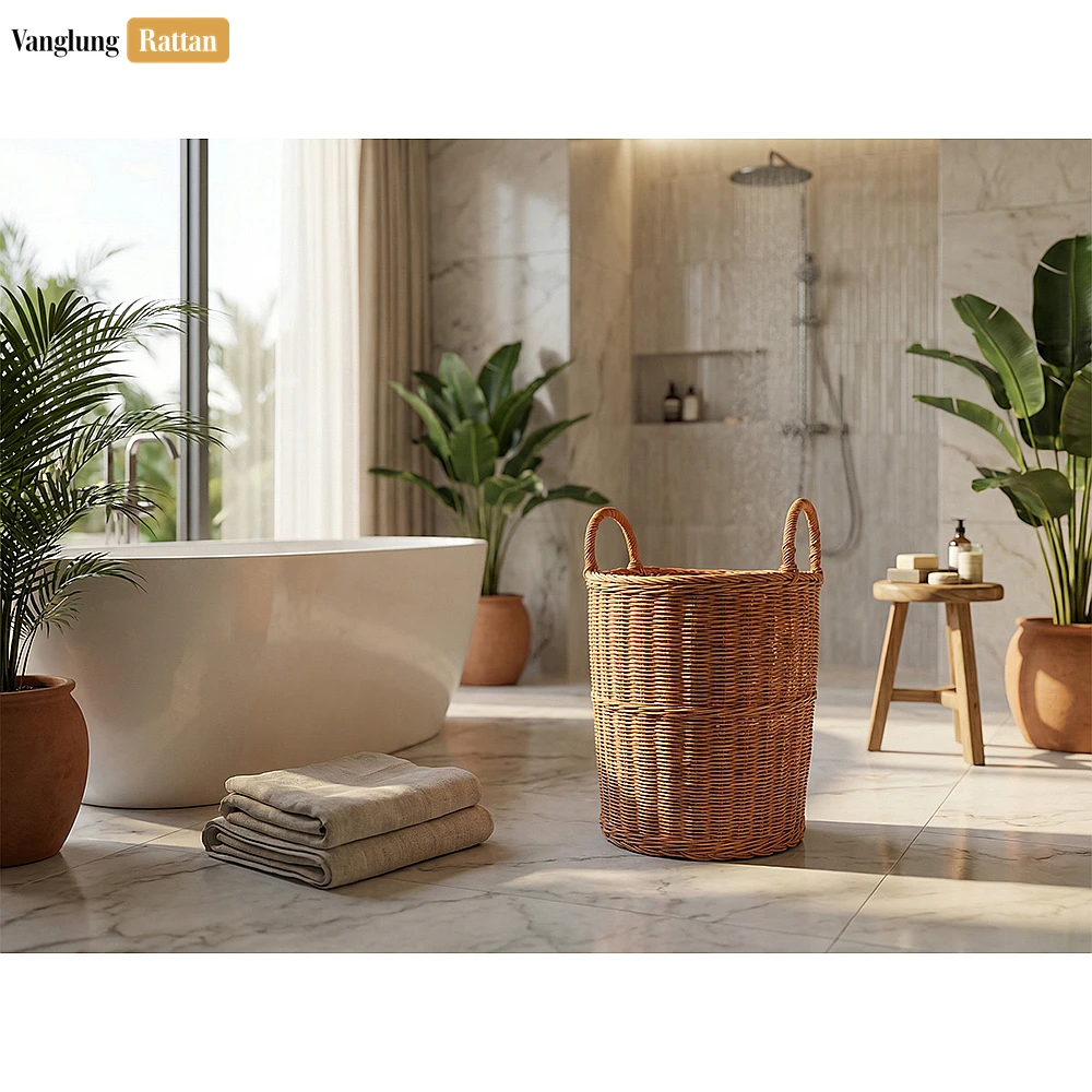 Rattan Export Natural Core Rattan Bathroom Basket with Handles - Woven Laundry and Towel Storage - REX-BB031008