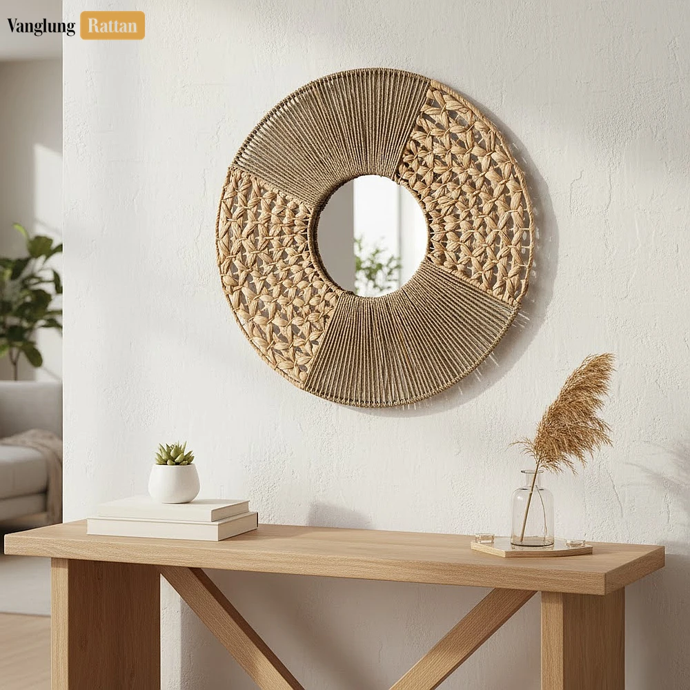 Rattan Export Handcrafted Seagrass and Cord Mirror - Sustainable Decorative Wall Art for Living Room - REX-DC0725013
