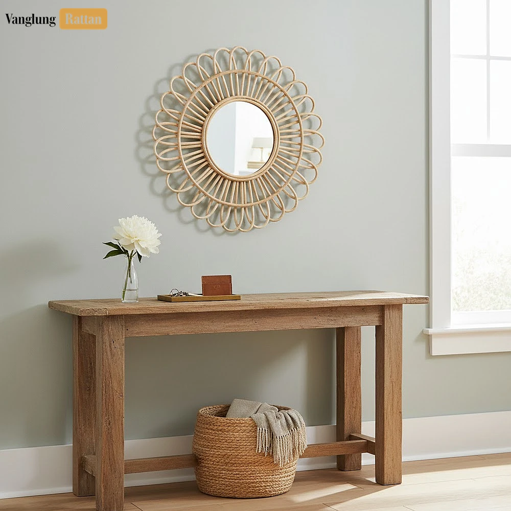 Rattan Export Round Core Rattan Wall Mirror - Natural Sunflower Loop Home Decor Accent - REX-DC0325012