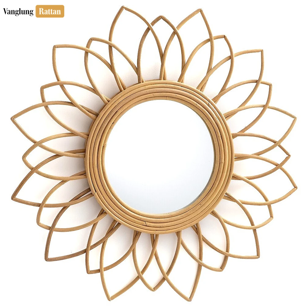 Rattan Export Handcrafted Core Rattan Flower Blossom Mirror - Natural Sunflower Petal Home Decor Accent - REX-DC0325011