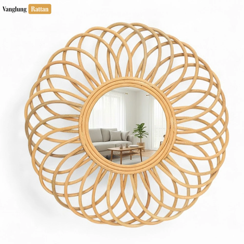 Rattan Export Round Core Rattan Wall Mirror - Natural Swirl Geometric Home Decor Accent - REX-DC0325010