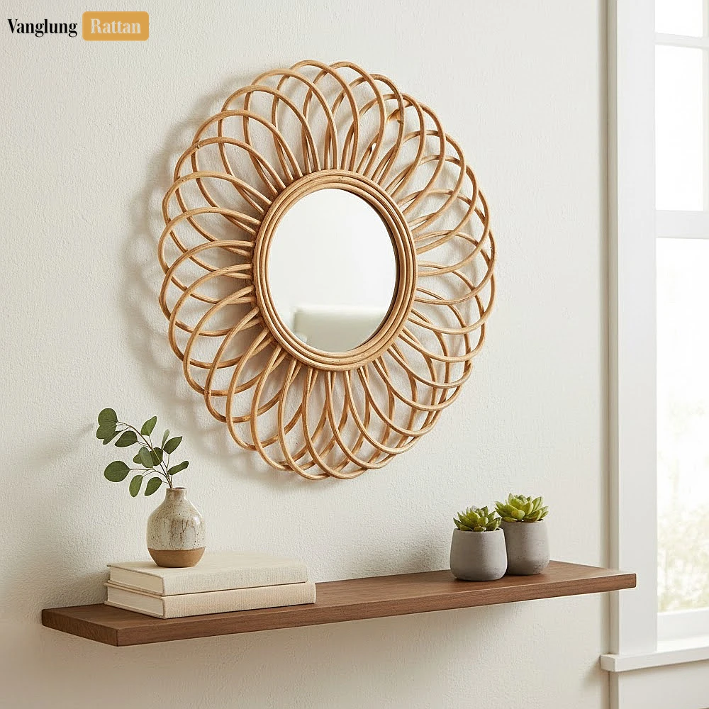 Rattan Export Round Core Rattan Wall Mirror - Natural Swirl Geometric Home Decor Accent - REX-DC0325010
