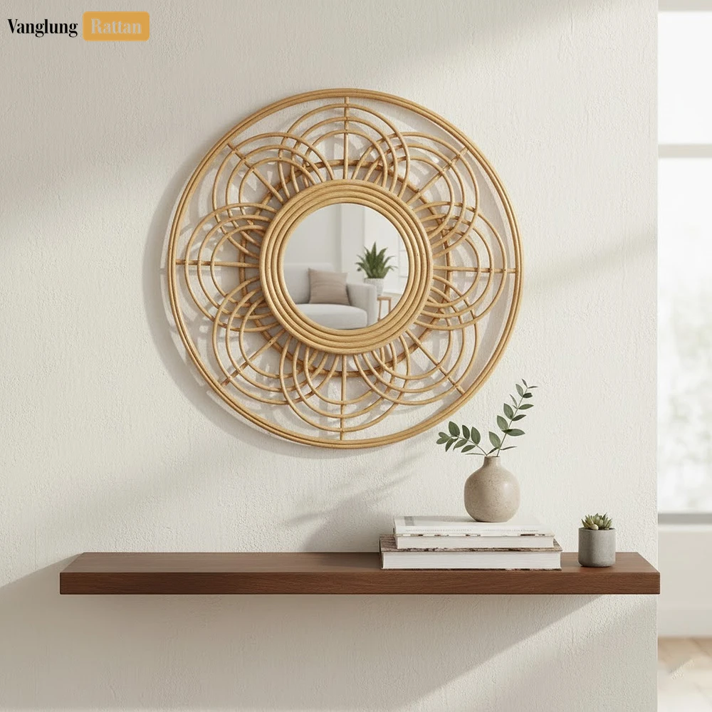 Rattan Export Tròn lõi mây gương treo tường - tự nhiên hoa hình học trang trí nội thất điểm nhấn - REX-DC0325009