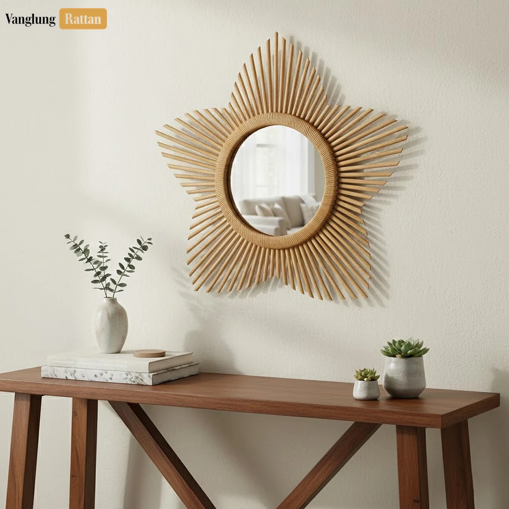 Rattan Export Star-Shaped Core Rattan Wall Mirror - Natural Starburst Home Decor Accent - REX-DC0325008