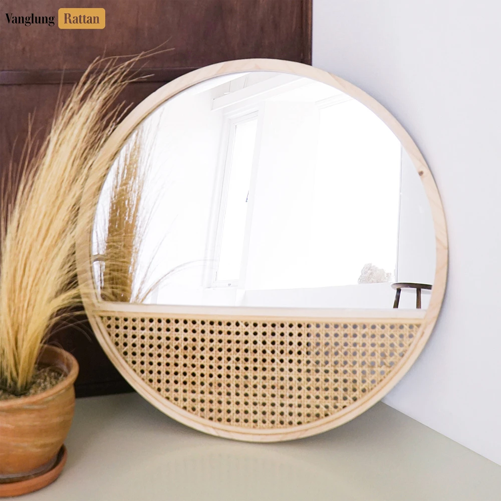 Rattan Export Round Core Rattan Mirror - Natural Woven Cane Webbing Inlay Home Décor - REX-DC0325004