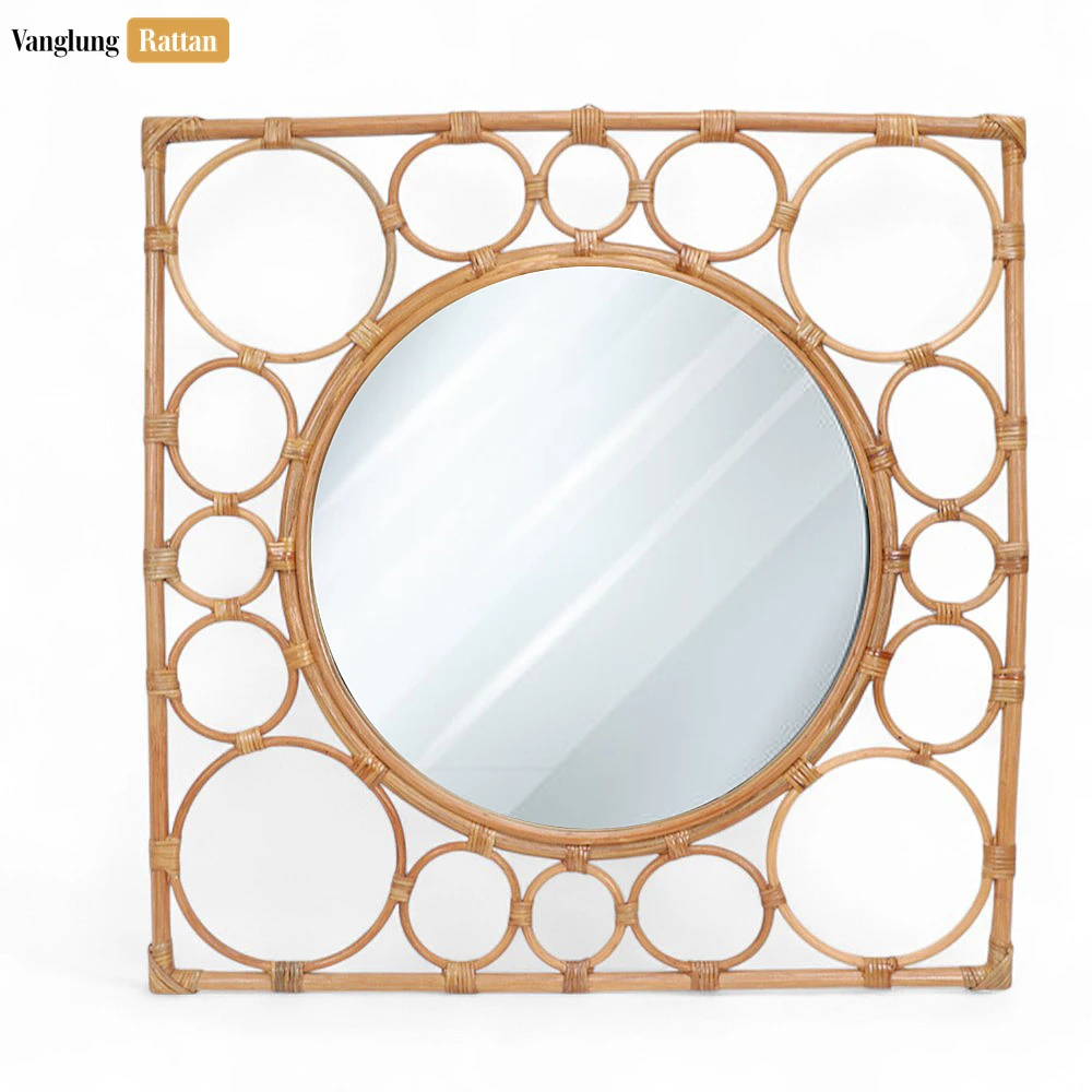 Rattan Export Square Core Rattan Bathroom Mirror - Natural Rattan Style Geometric Wall Décor - REX-DC0325002
