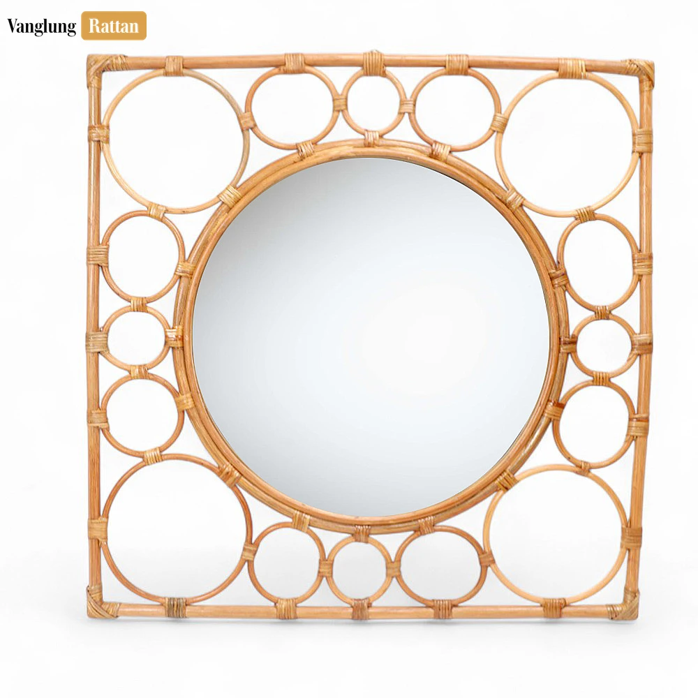Rattan Export Square Core Rattan Bathroom Mirror - Natural Rattan Style Geometric Wall Décor - REX-DC0325002