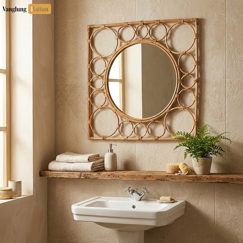 Rattan Export Square Core Rattan Bathroom Mirror - Natural Rattan Style Geometric Wall Décor - REX-DC0325002