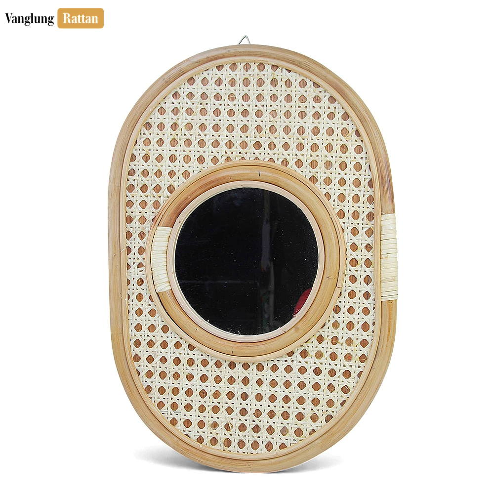 Rattan Export Oval Bamboo Rattan Bathroom Mirror - Natural Woven Cane Inlay Wall Décor - REX-DC0325001