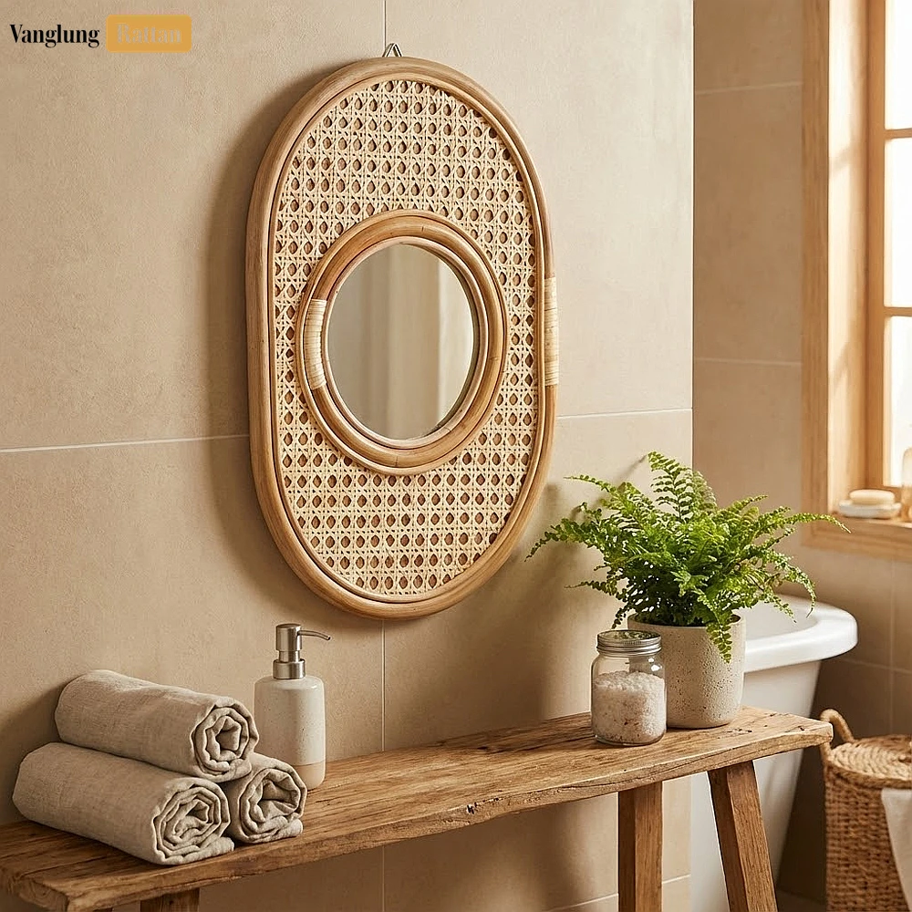 Rattan Export Oval Bamboo Rattan Bathroom Mirror - Natural Woven Cane Inlay Wall Décor - REX-DC0325001