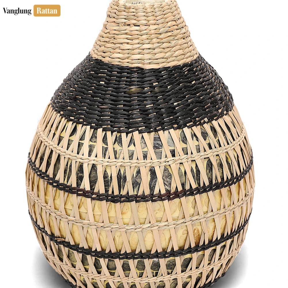 Rattan Export Rustic Woven Fiber Bud Vase - Modern Geometric New Year’s Table Accent - REX-DCVA27004