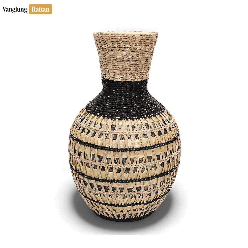 Rattan Export Handcrafted Natural Fiber Vessel with Graphic Black Weave - Festive Accent - REX-DCVA27003