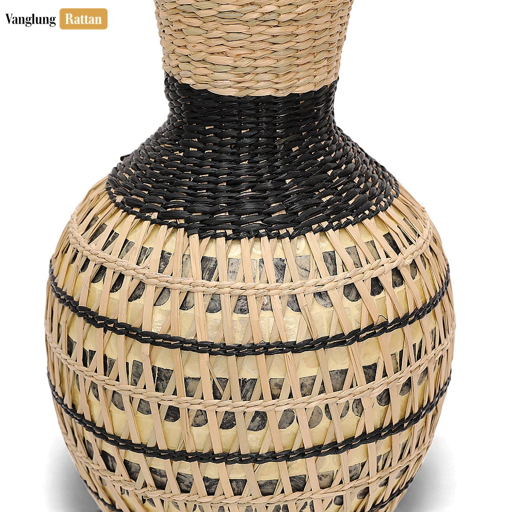 Rattan Export Handcrafted Natural Fiber Vessel with Graphic Black Weave - Festive Accent - REX-DCVA27003