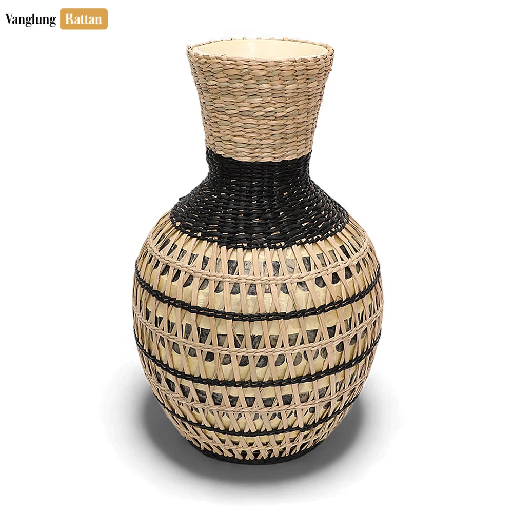 Rattan Export Handcrafted Natural Fiber Vessel with Graphic Black Weave - Festive Accent - REX-DCVA27003