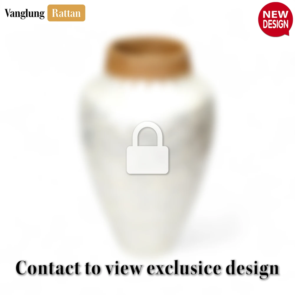 Rattan Export White Pearl Vase with Woven Rattan Trim - New Year’s Rustic Accent - REX-DCVA25008