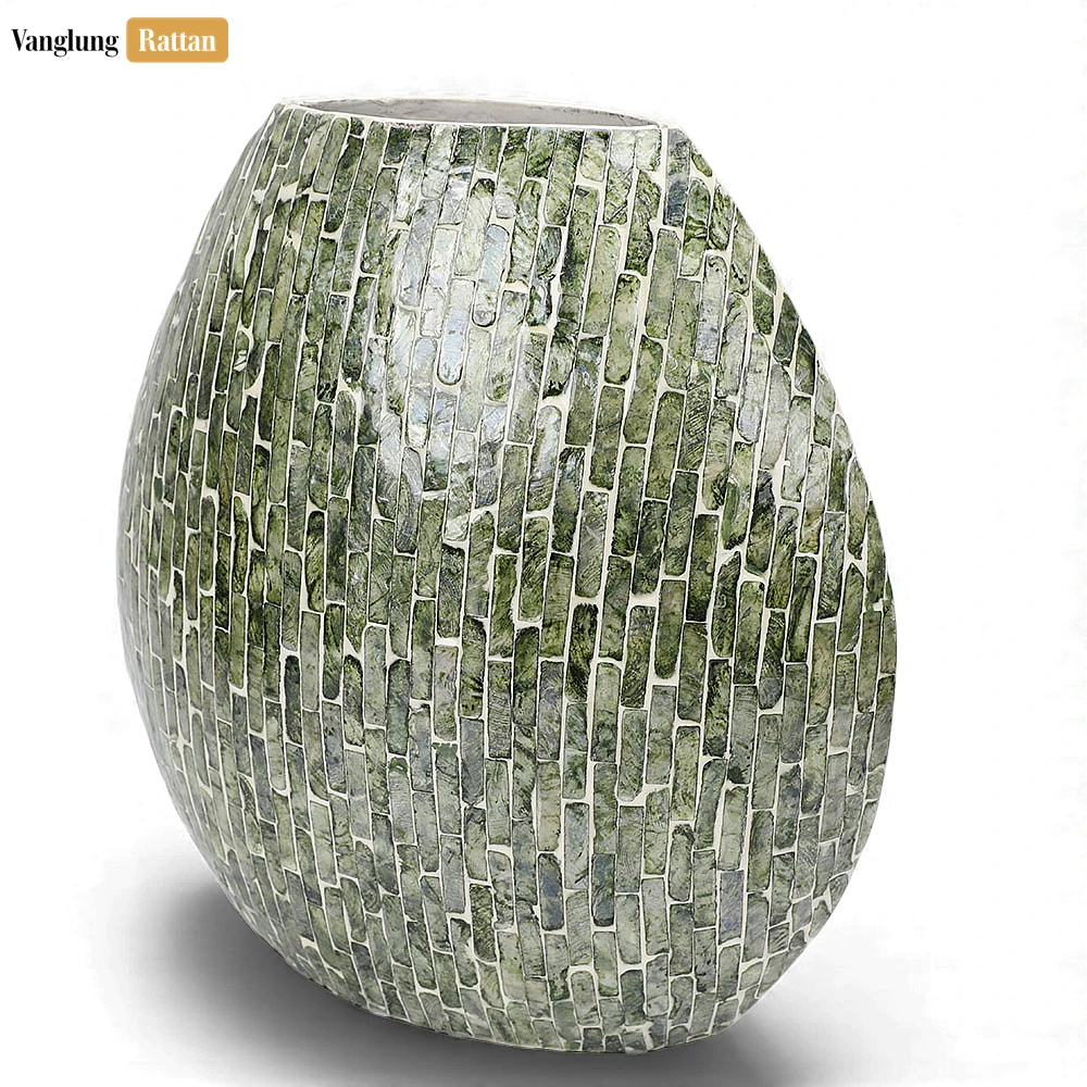 Rattan Export Dark Green Mother of Pearl Brick Mosaic Vase - Brick Pattern Christmas Décor - REX-DCVA25006