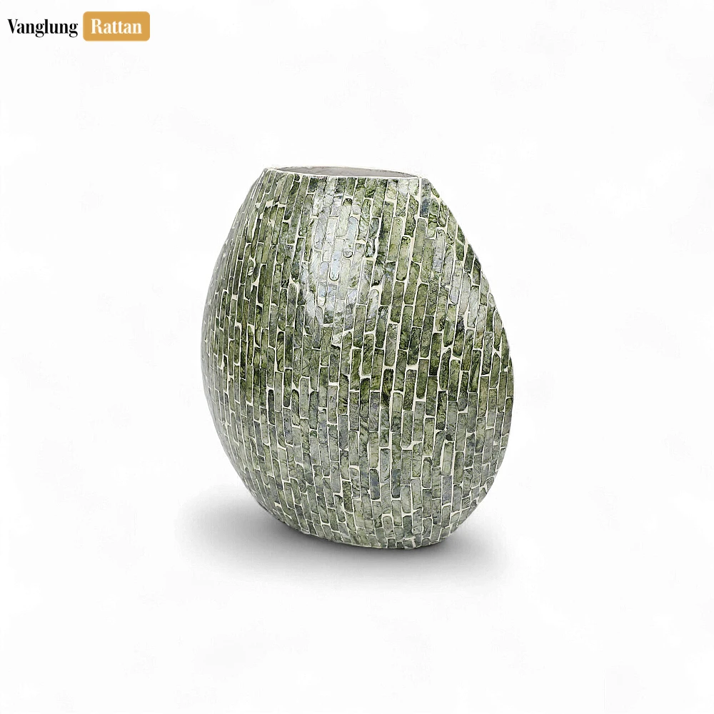 Rattan Export Dark Green Mother of Pearl Brick Mosaic Vase - Brick Pattern Christmas Décor - REX-DCVA25006