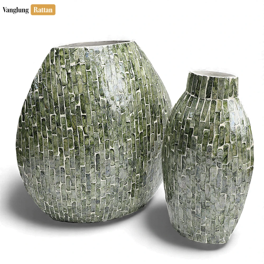 Rattan Export Dark Green Mother of Pearl Brick Mosaic Vase - Brick Pattern Christmas Décor - REX-DCVA25006