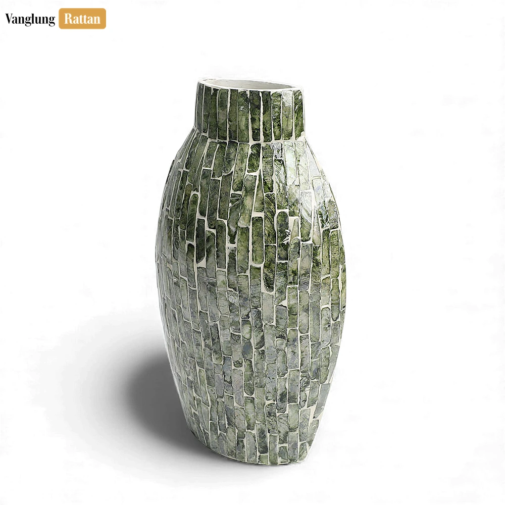 Rattan Export Emerald Green Mother of Pearl Mosaic Vase - Brick Pattern Christmas Décor - REX-DCVA25005