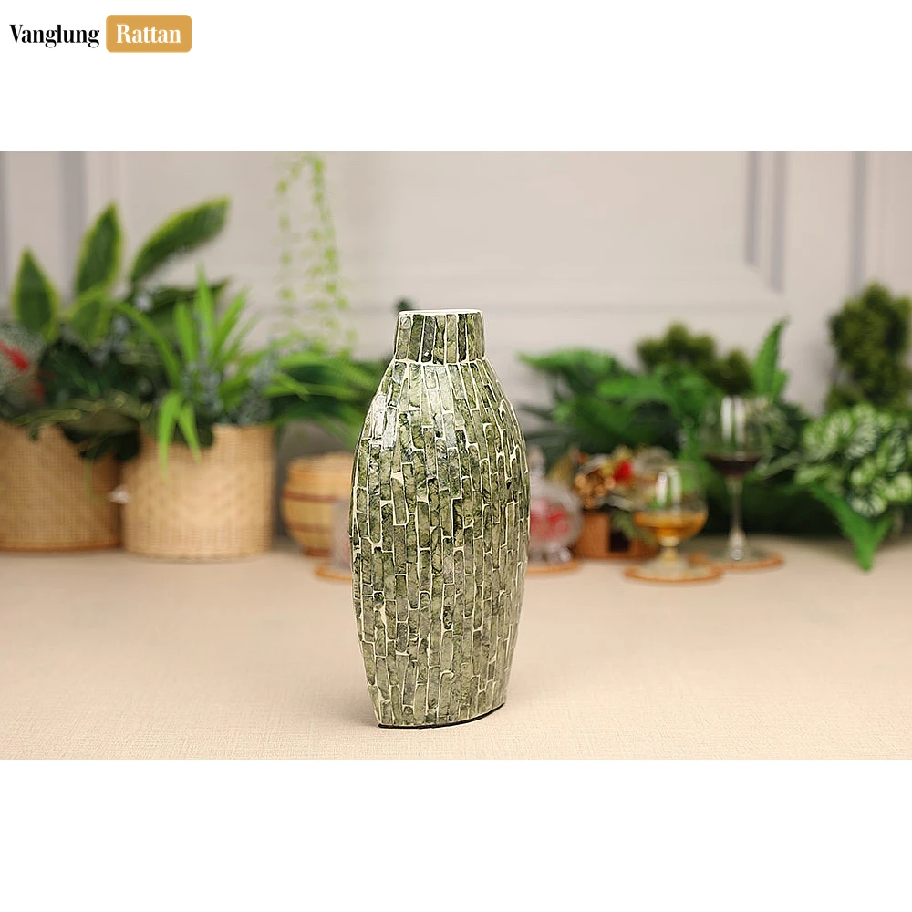 Rattan Export Emerald Green Mother of Pearl Mosaic Vase - Brick Pattern Christmas Décor - REX-DCVA25005