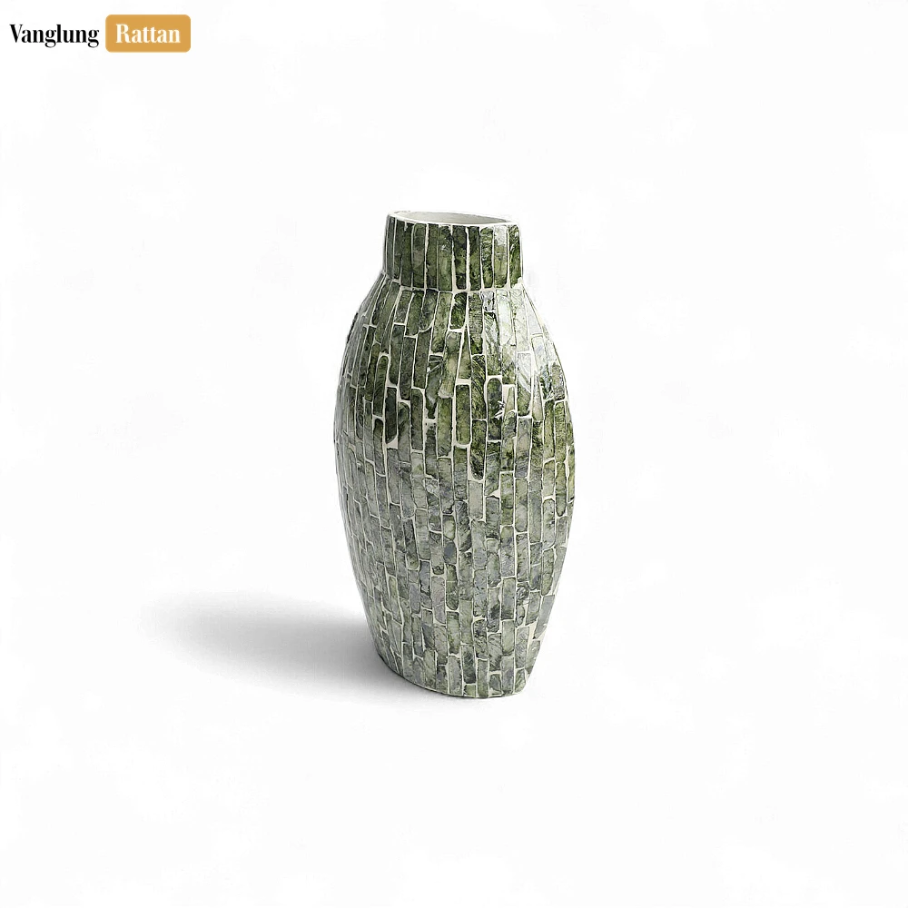 Rattan Export Emerald Green Mother of Pearl Mosaic Vase - Brick Pattern Christmas Décor - REX-DCVA25005