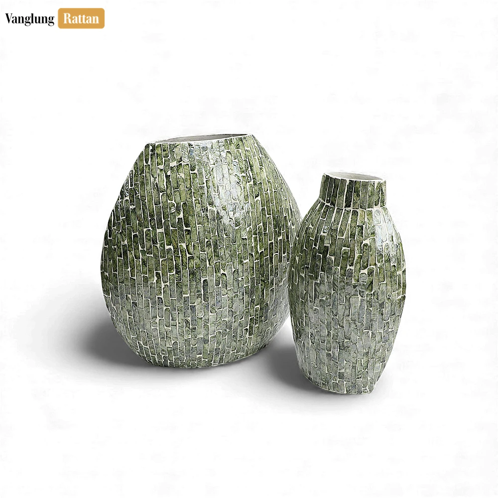 Rattan Export Emerald Green Mother of Pearl Mosaic Vase - Brick Pattern Christmas Décor - REX-DCVA25005