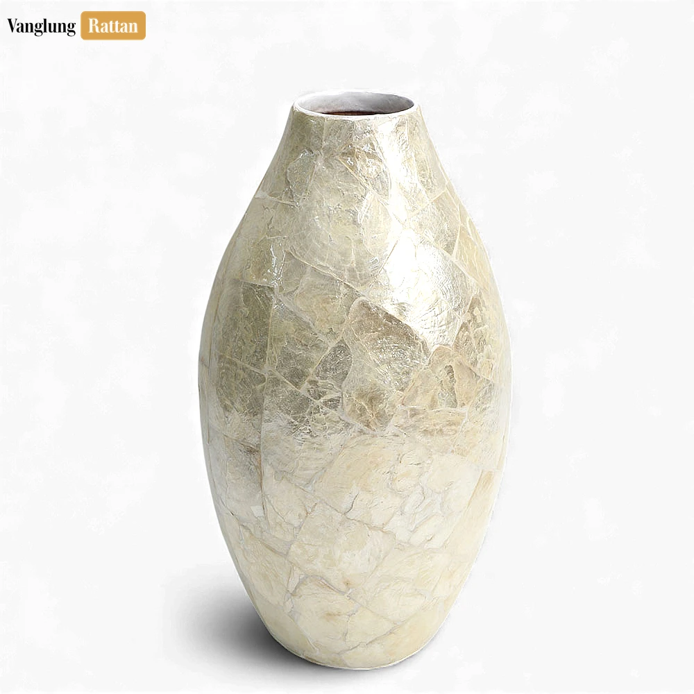 Rattan Export Mother of Pearl Shattered Shell Vase - Tall Oval Christmas Centerpiece - REX-DCVA25004