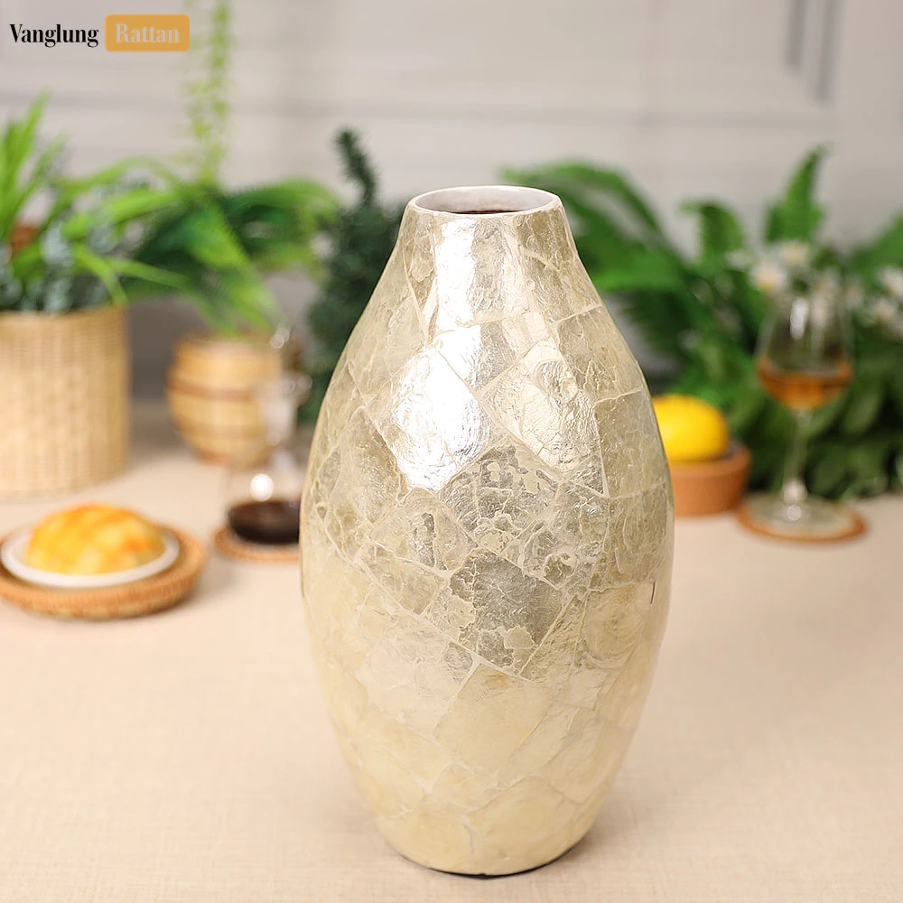 Rattan Export Mother of Pearl Shattered Shell Vase - Tall Oval Christmas Centerpiece - REX-DCVA25004