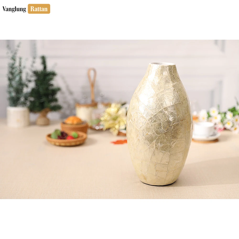 Rattan Export Mother of Pearl Shattered Shell Vase - Tall Oval Christmas Centerpiece - REX-DCVA25004
