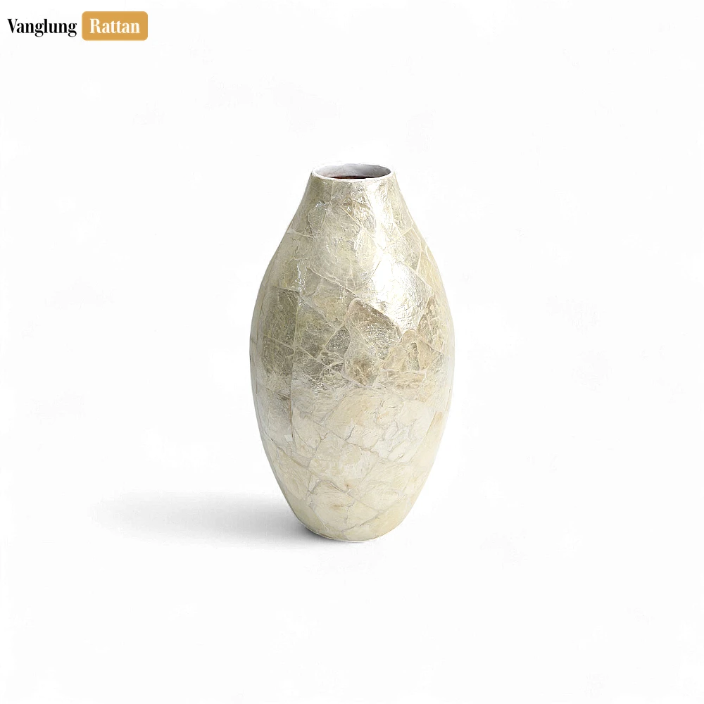 Rattan Export Mother of Pearl Shattered Shell Vase - Tall Oval Christmas Centerpiece - REX-DCVA25004