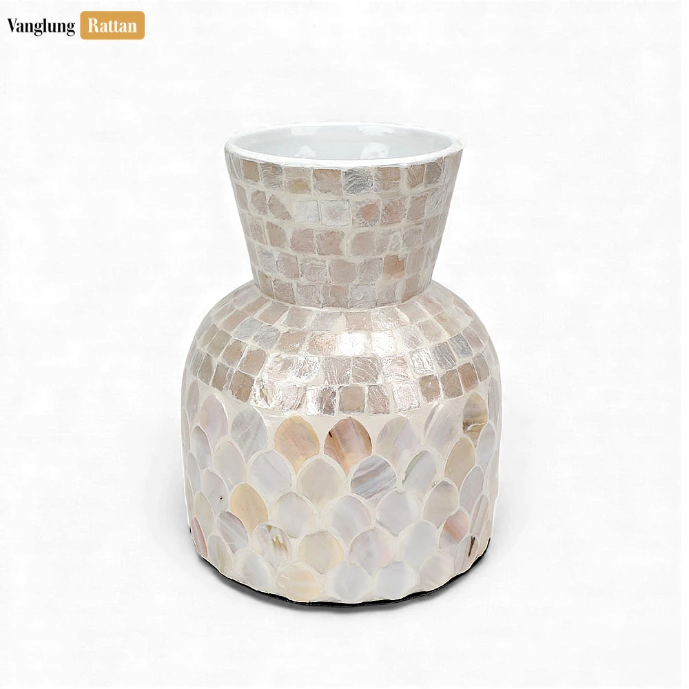 Rattan Export Mother of Pearl Scallop Vase - Blush & White Mosaic Christmas Centerpiece - REX-DCVA25003
