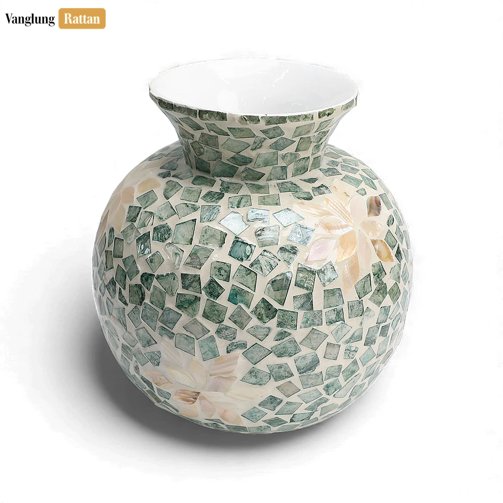 Rattan Export Seafoam Shell Tile Vase with Flower Design - Elegant Holiday Décor - REX-DCVA25002
