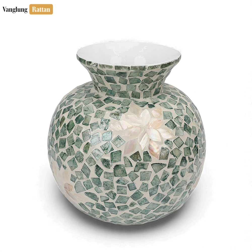 Rattan Export Seafoam Shell Tile Vase with Flower Design - Elegant Holiday Décor - REX-DCVA25002