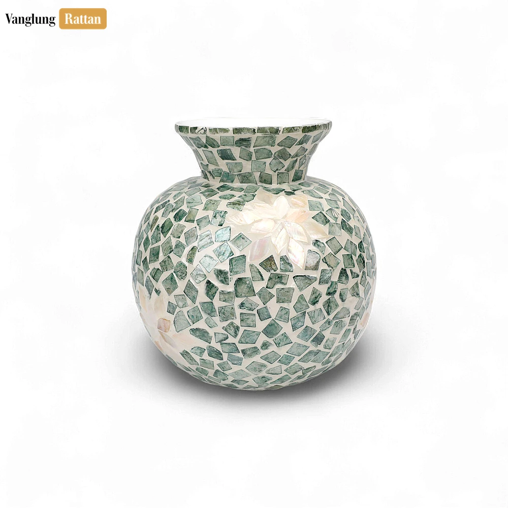 Rattan Export Seafoam Shell Tile Vase with Flower Design - Elegant Holiday Décor - REX-DCVA25002