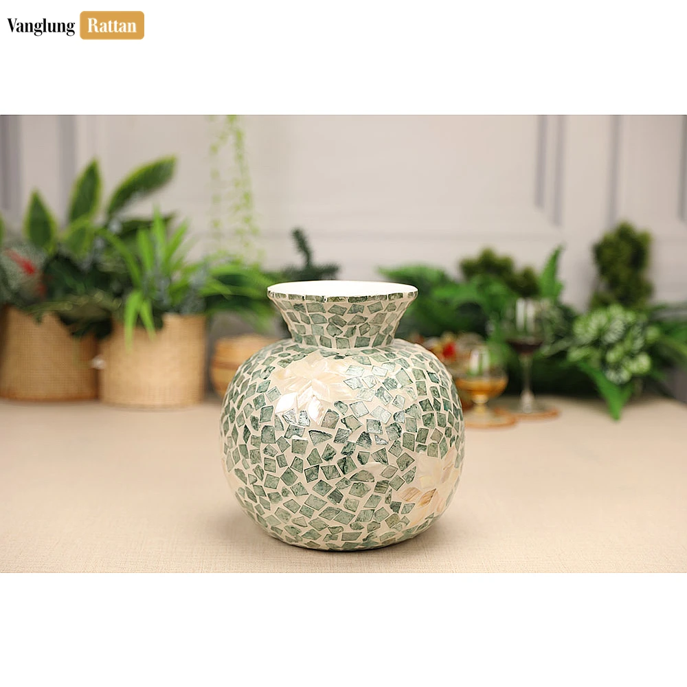 Rattan Export Seafoam Shell Tile Vase with Flower Design - Elegant Holiday Décor - REX-DCVA25002