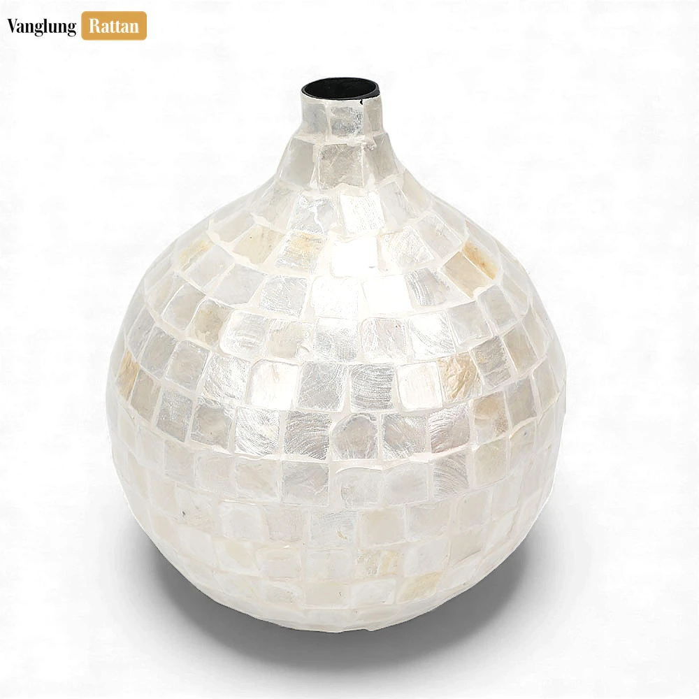 Rattan Export Handcrafted Mother of Pearl Mosaic Vase - Luxury Winter Holiday Accent for Flowers - REX-DCVA25001