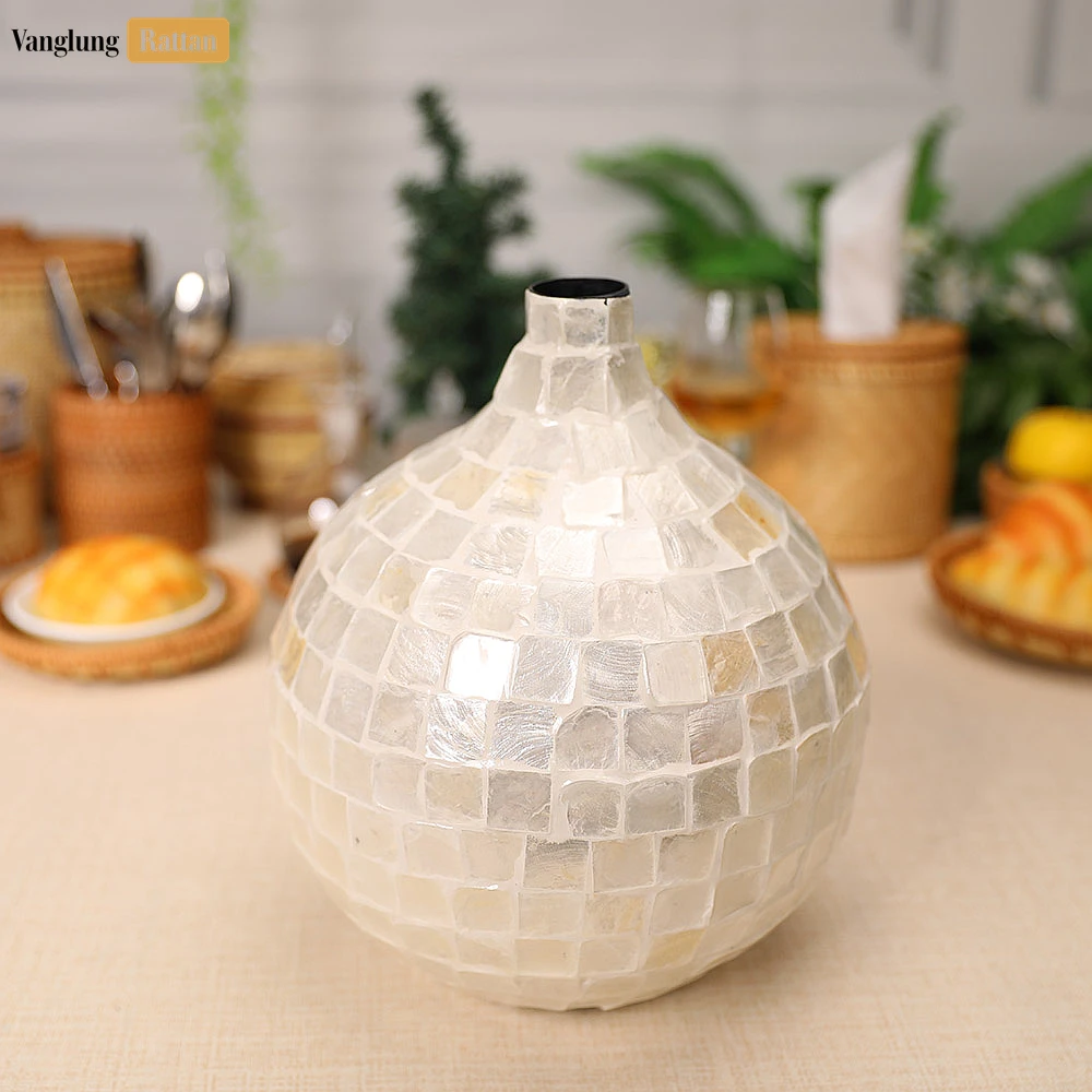 Rattan Export Handcrafted Mother of Pearl Mosaic Vase - Luxury Winter Holiday Accent for Flowers - REX-DCVA25001