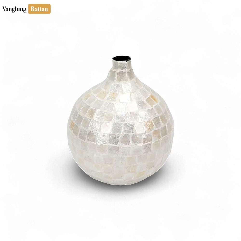 Rattan Export Handcrafted Mother of Pearl Mosaic Vase - Luxury Winter Holiday Accent for Flowers - REX-DCVA25001